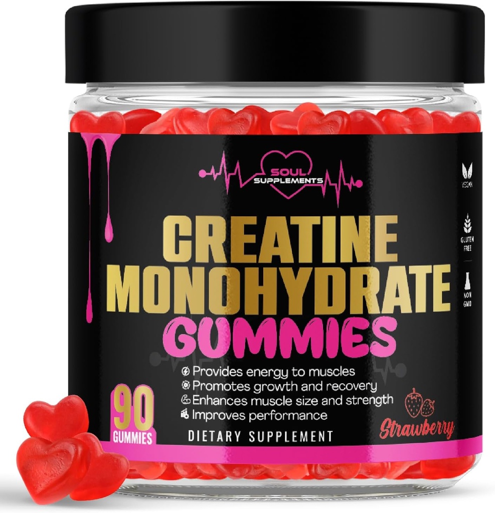 Generisches Kreatin Monohydrate Gummi für Muskelrückgewinnung, Muskelgewinn und Stärke, Energie Fokus und Gehirngesundheit, glutenfrei, nicht GMO, vegan Ergänzung für Männer und Frauen, 30 Portionen 90 ct