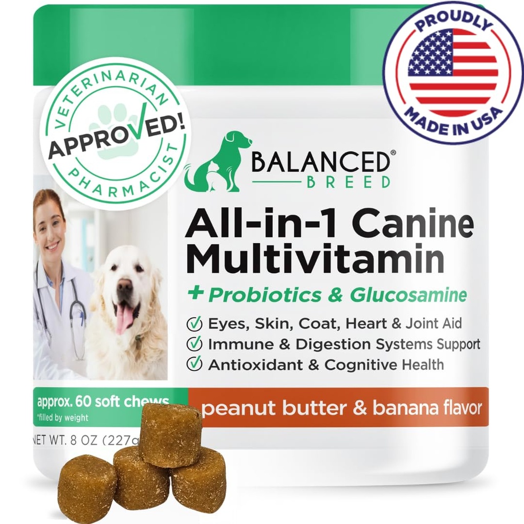 Balanced Breed All-in-1 Hunde Vitamine Ergänzungen Made in USA Vet-Pharmacist zugelassen Hund Multivitamin Probiotics Glucosamine Chondroitin Hunde Lachs Öl Skin Coat Immune Senior Dogs Supplement NonGMO