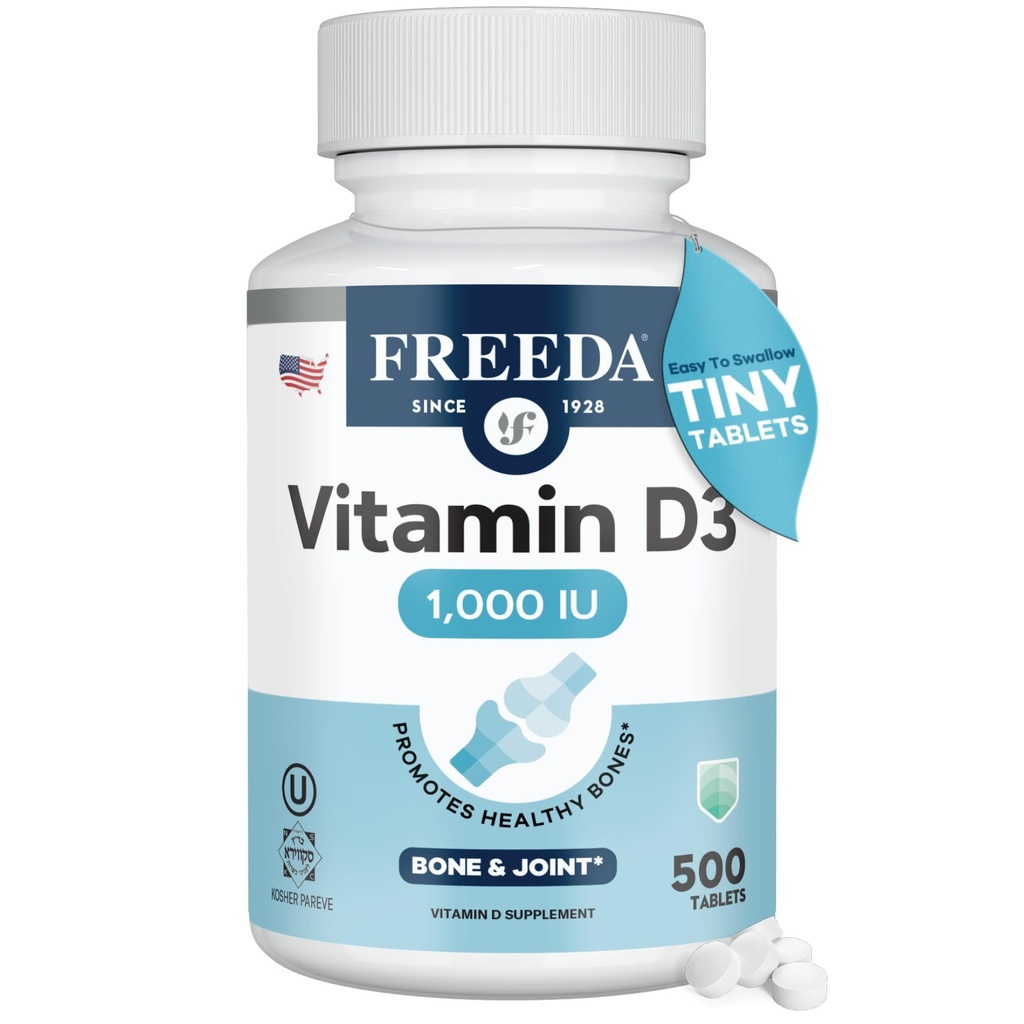 FREEDA Vitamin D3-1000 IU - Reine hohe Potenz Kosher Ergänzung Tabletten - Knochen und Muskel Gesundheit, Kalzium Absorption, Immununterstützung für Männer und Frauen* - 500 Zähler