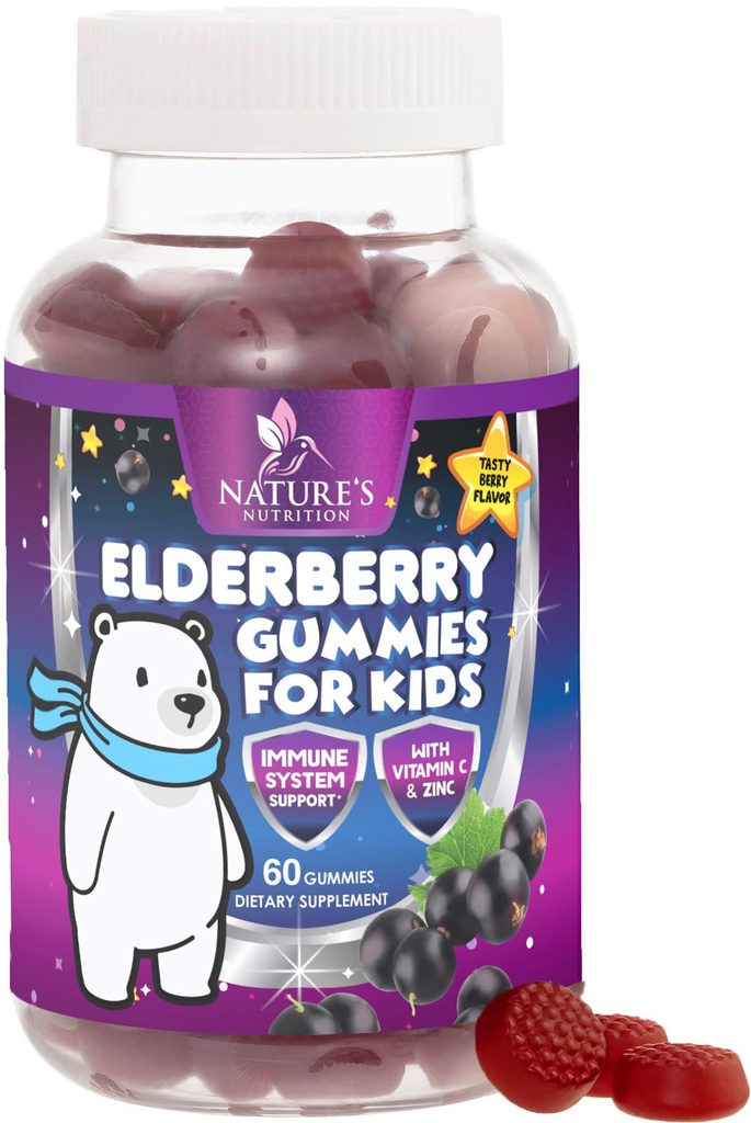 Kinder Immununterstützung Elderberry Gummies - Tägliche Kinder Vitamine C, Zink & Kinder Immunität Unterstützung Gummy - Nature's Sambucus Elderberry Supplement, Vegan, Glutenfrei, Tasty Berry Flavor - 60 Gummis