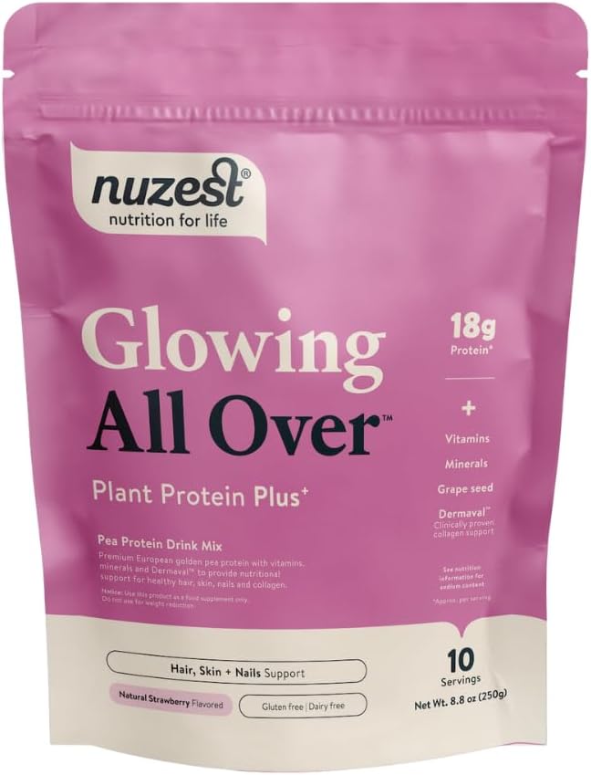 Nuzest Protein Plus | Glowing All Over | Erdbeere | Unterstützung von gesundem Haar, Haut, Nägel und Collagen Produktion | Vitamine und Mineralien oz 8.8oz/ 250g (10 Portionen)