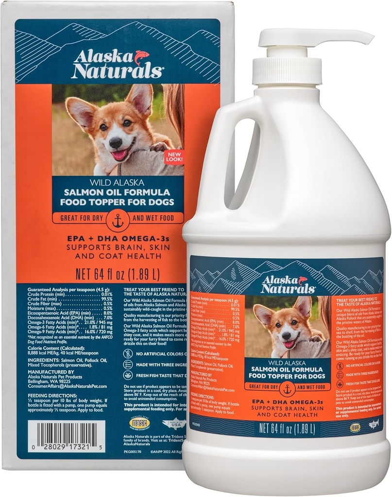 Alaska Naturals Wild Alaska Salmon Fish Oil Supplement für Hunde Haut und Mantel mit EPA DHA Omega 3 Fettsäuren Liquid Food Topper 64 oz. Pumpe