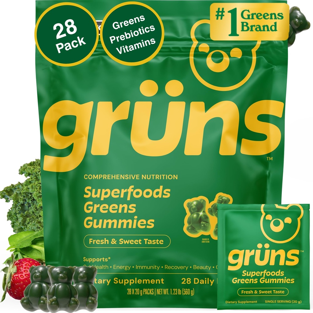 Gruns Erwachsene Super Greens Multivitamin-Gummien, Superfood Gummy Vitamine für Frauen und Männer mit Spirulina, Chlorella, Adaptogene und präbiotische Fasern für die Verdauungsgesundheit (28 Count)
