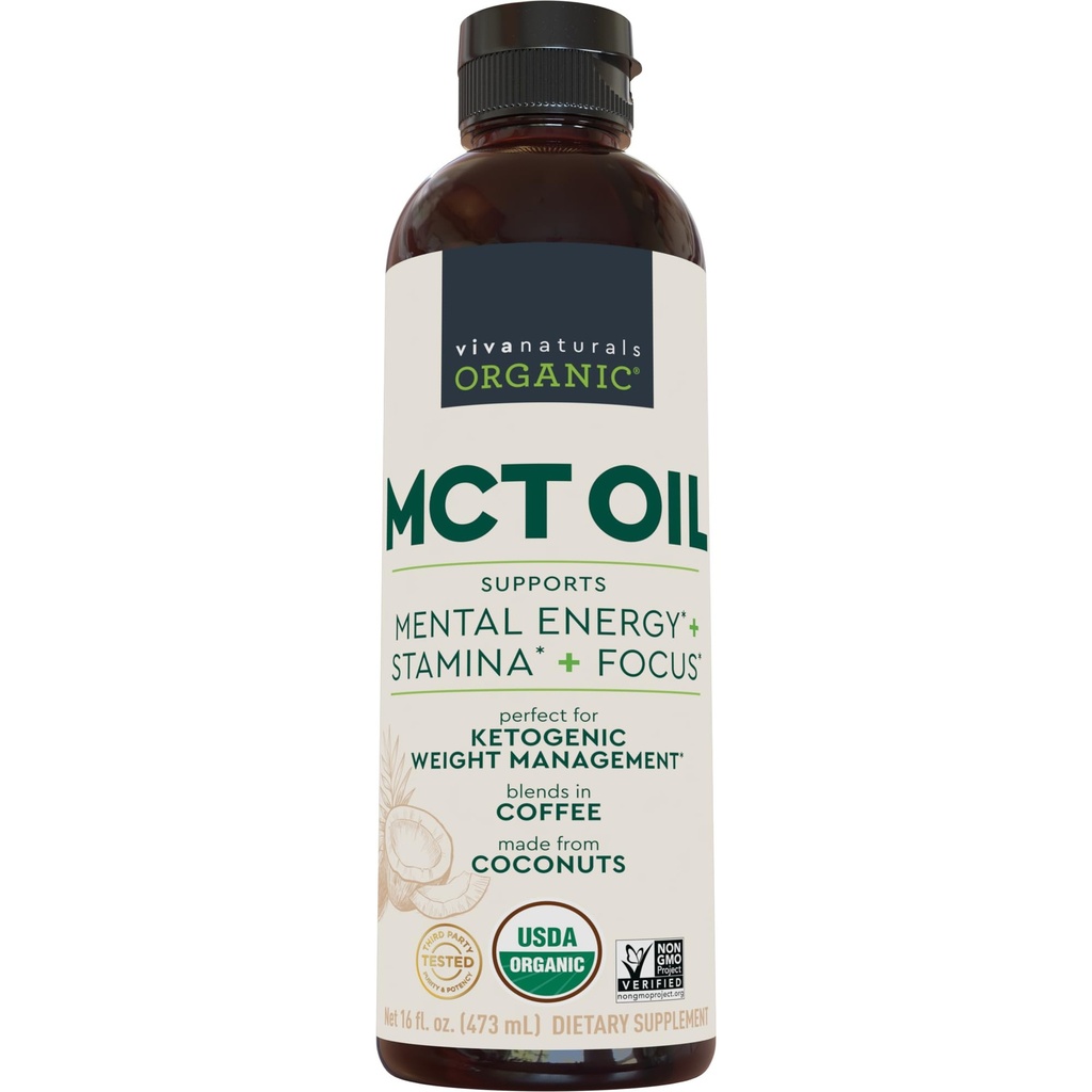 Viva Naturals Organic MCT Olaj, 16 fl oz - MCT Oil for Coffee, USDA Organic, Non-GMO, Paleo Certified & Keto Friendly, Támogatja Energy & Mental Clarity