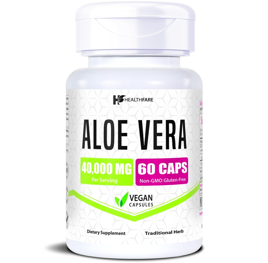 Healthfare Aloe Vera Capsules | 60 Vegan Pills | Inner Leaf Aloe Vera Extract Supplement | Non-GMO, Gluten-Free | Made in USA