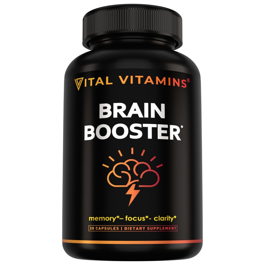 Vital Vitamins Brain Supplements with Bacopa Monnieri - for Memory and Focus – Nootropic Brain Booster - Caffeine-Free Support for Adults & Seniors – Non-GMO, 30-Day Supply, 30 Capsules