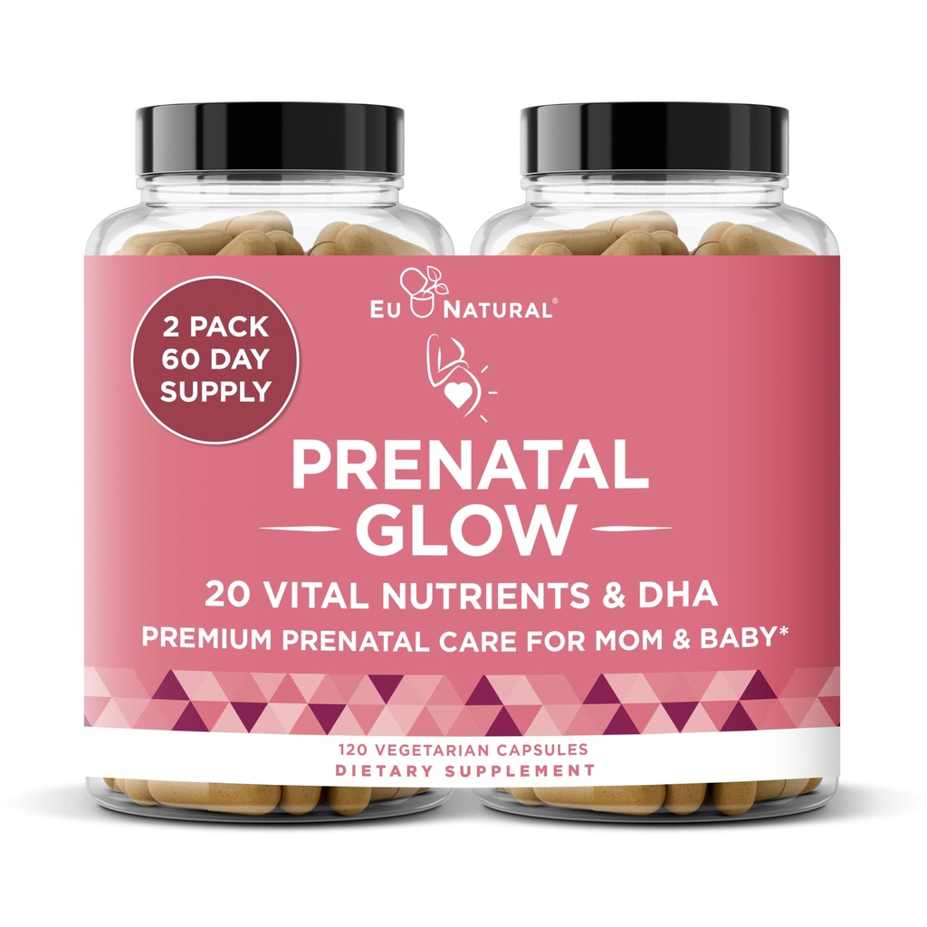 Eu Natural Glow Prenatal Vitamins for Women - 20-in-1 Prenatal Multivitamin with Folate & Vegan DHA - Supports Healthy Pregnancy, Fetal Development & Mom’s Comfort - 120 Vegetarian Capsules