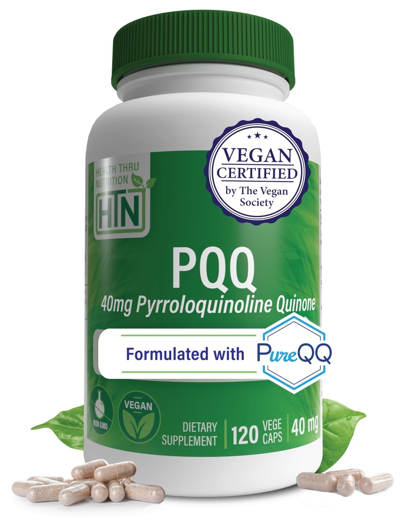 Gesundheit Thru Nutrition PQQ 40mg 120 Serviers Pyrroloquinolin Quinone als PureQQ | Fördert Mitochondriale Biogenesis | Zertifiziert Vegan | Non-GMO Gluten Soy Free Capsules| Clean Label PQQ Ergänzung