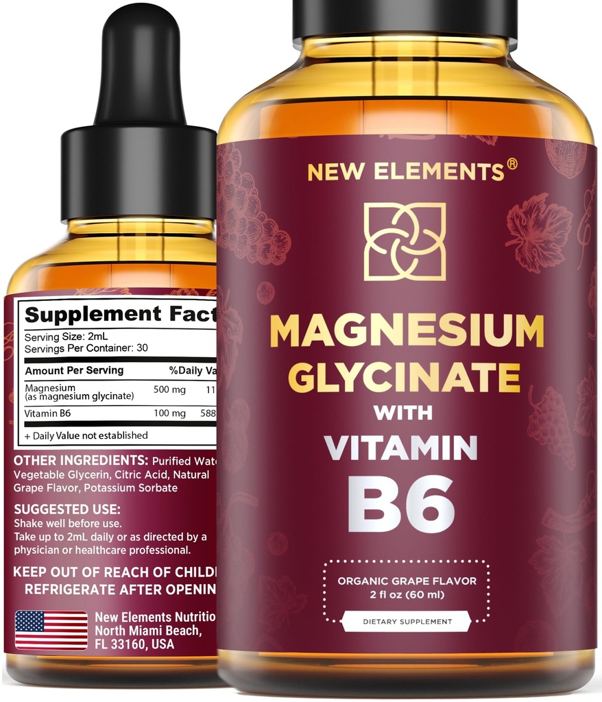 Flüssiges Magnesium Glycinat Tropfen mit Vitamin B6 - Magnesium Supplement 500mg & Vitamin B6 100mg | Non-GMO Keine Gluten | Stress Relief | Schlaf & Entspannung | Muskel & Herz Unterstützung | Natürlich & Vegan