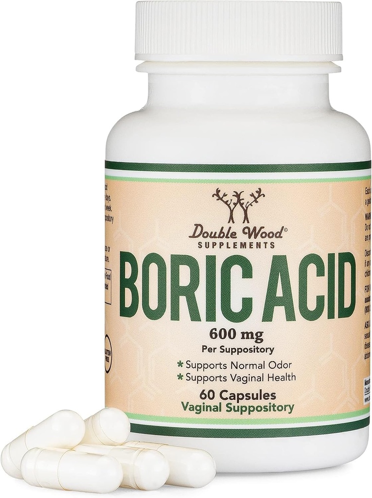 Bórsav kúpok (600mg Vaginalis kúp, 60 Count) Támogatja a vaginalis pH egyensúly, Odor Control (USP orvosi minőségű finom por, könnyű oldódás, harmadik fél tesztelt) által Dupla fa