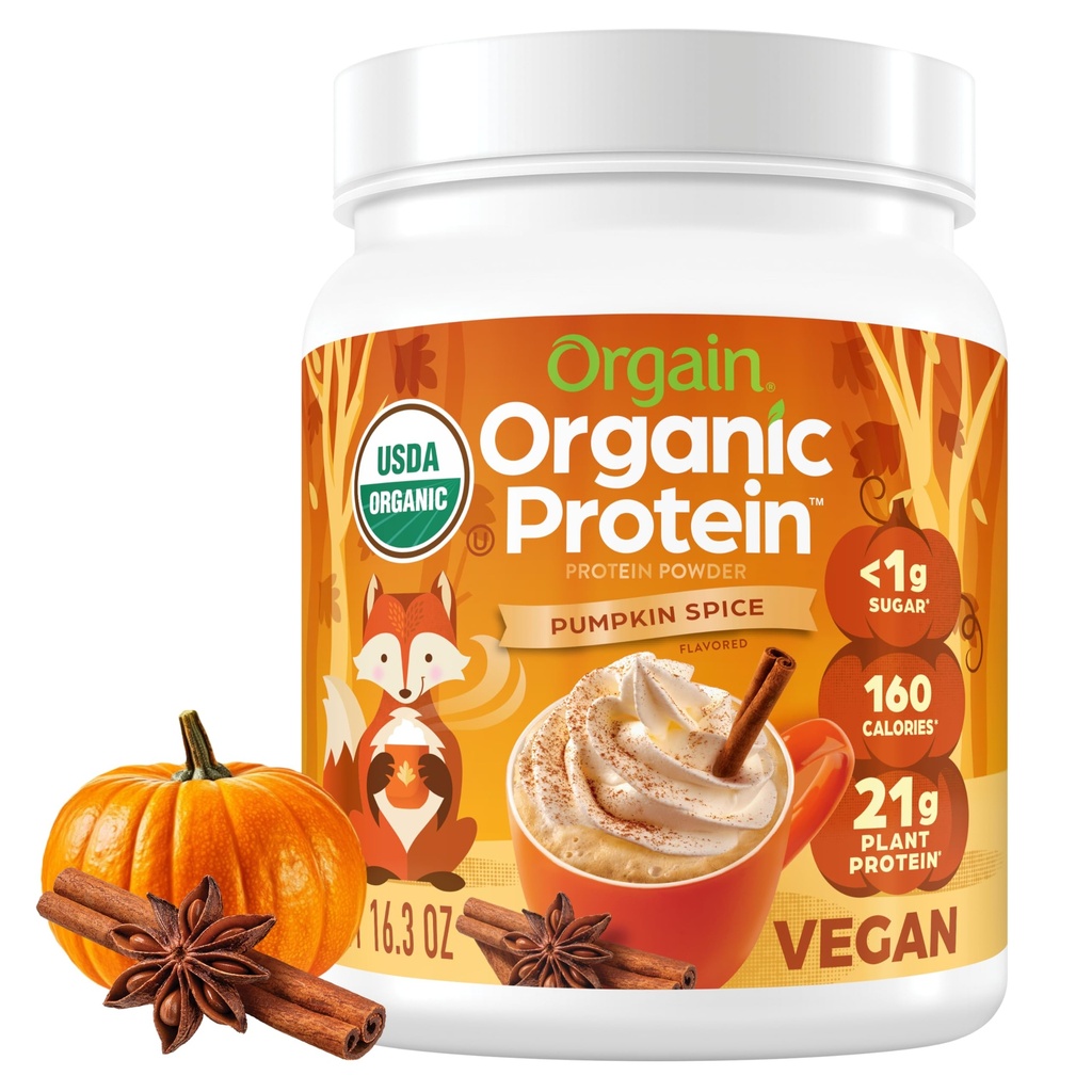 Orgain Organic Vegan Protein Pulver, Kürbis Gewürz Saisonale Geschmack - 21g Pflanzenprotein, 5g Prebiotische Faser, keine Lactose Zutaten, kein hinzugefügter Zucker, Non-GMO, Für Shakes & Smoothies, 1,02 lb