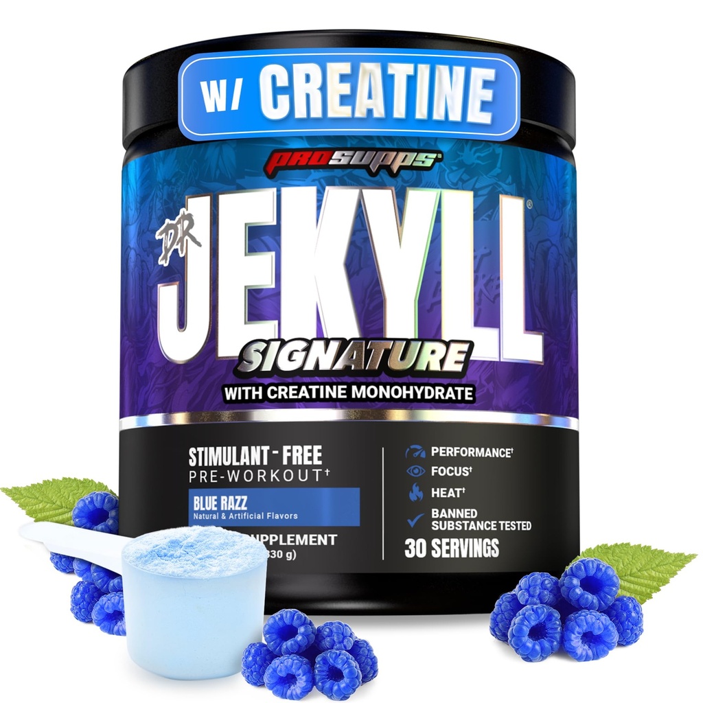 PROSUPPS Dr. Jekyll Signature Pre Workout Powder mit Kreatin - Stim-Free Preworkout unterstützt Fokus & Endurance - Koffeinfreies Fitness-Ergänzungsmittel (Blueberry Lemonade, 30 Servietten)