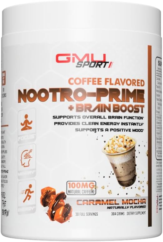 GMU SPORT Nootro-Prime Brain Boost - Fokus Brain Supplement - Pilz Ergänzung Pulver mit Alpha GPC, Nootropic Brain Ergänzungen für Gedächtnis und Fokus mit Lions Mane, 30 Servierungen, Caramel Mocha