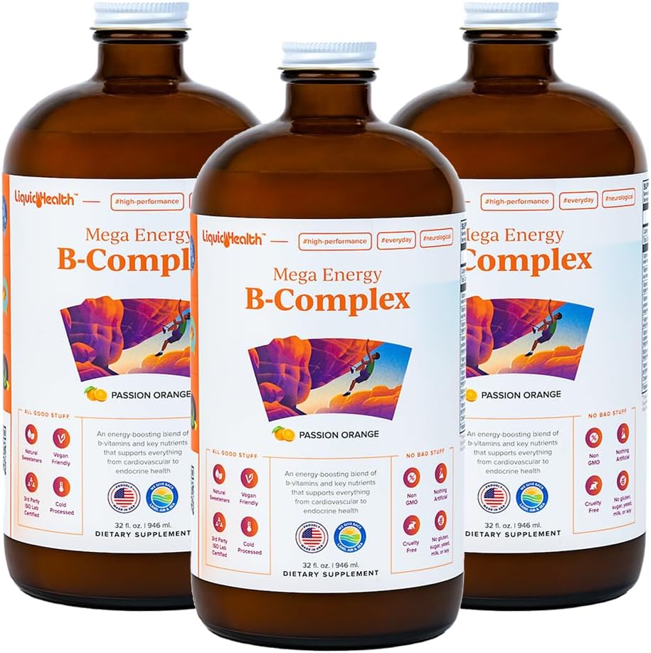 LIQUIDHEALTH Mega Energy Methyliertes B-Komplex, Nahrungsergänzungsmittel für Erwachsene - Erhöhen Sie Energie, Relieve Stress & Fatigue, Immununterstützung, Herz & Gut Gesundheit - Made in USA, Vegan, Sugar-Free (3 Pack)