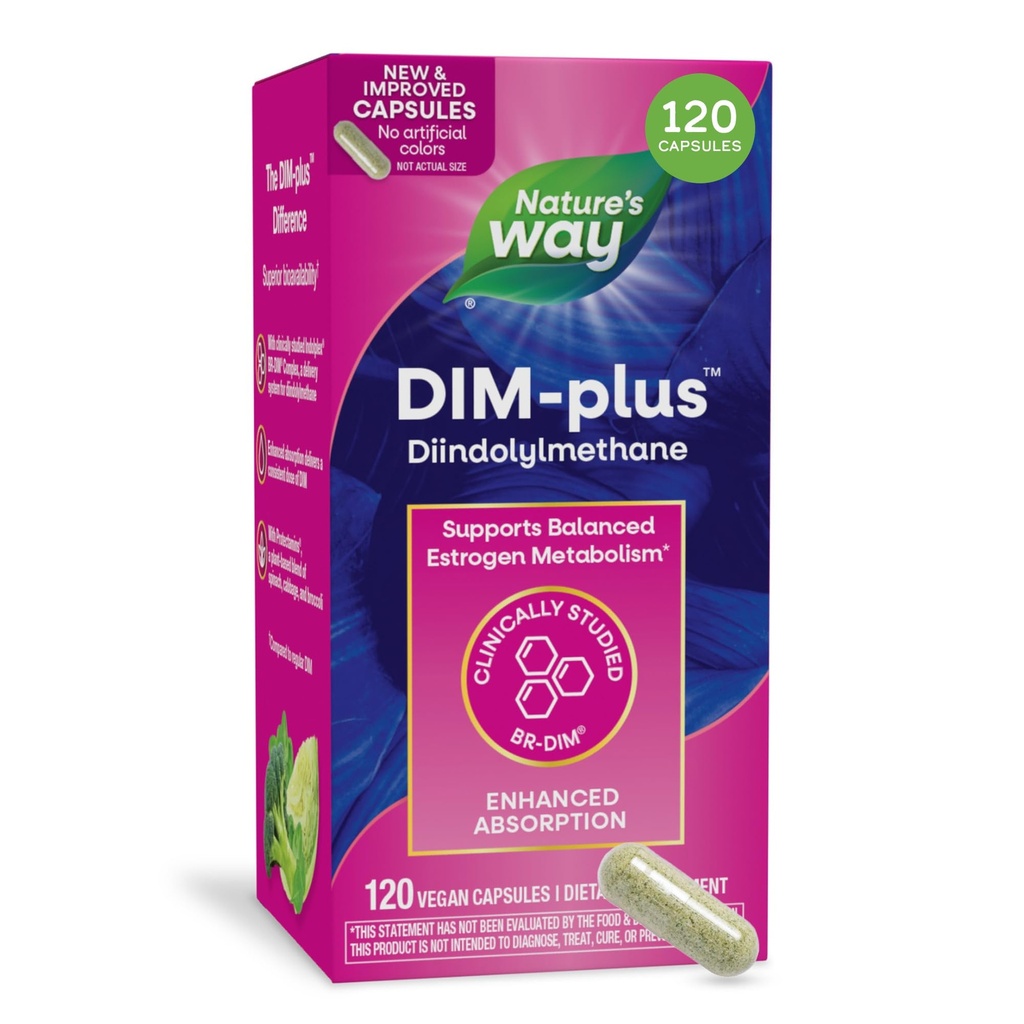 Nature 's Way DIM- Plus, DIM- kiegészítés, támogatás kiegyensúlyozott ösztrogén metabolizmus *, támogatás ösztrogén hormonegyensúly *, diindolilmetán, 120 vegán kapszula