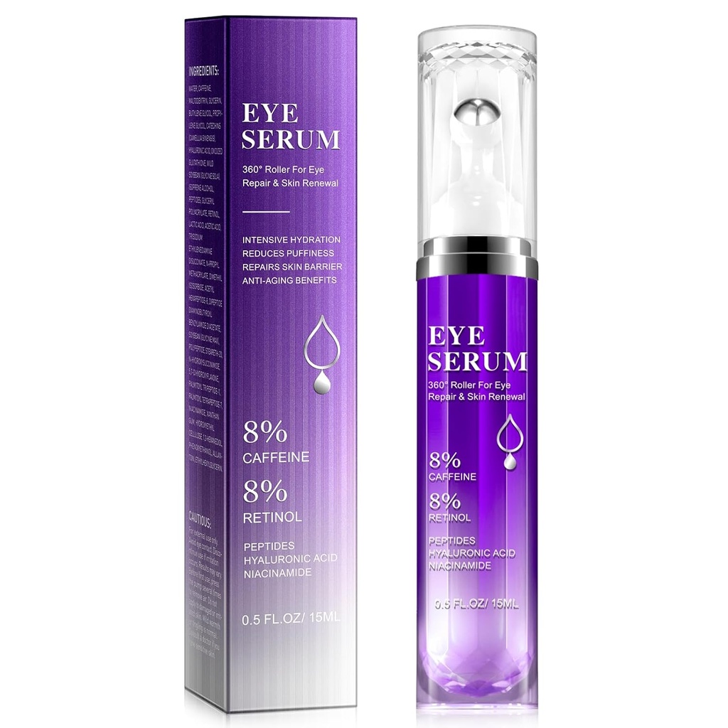 Szemgörgő szérum alatt - 8% koffein & 8% Retinol Szemkrém sötét körök, Puffness és zsákok, Puffy Bags finom vonalak ráncok, 360 ° Masszázs Ball Cream, Hyaluronic Acid Serum férfiak és nők számára