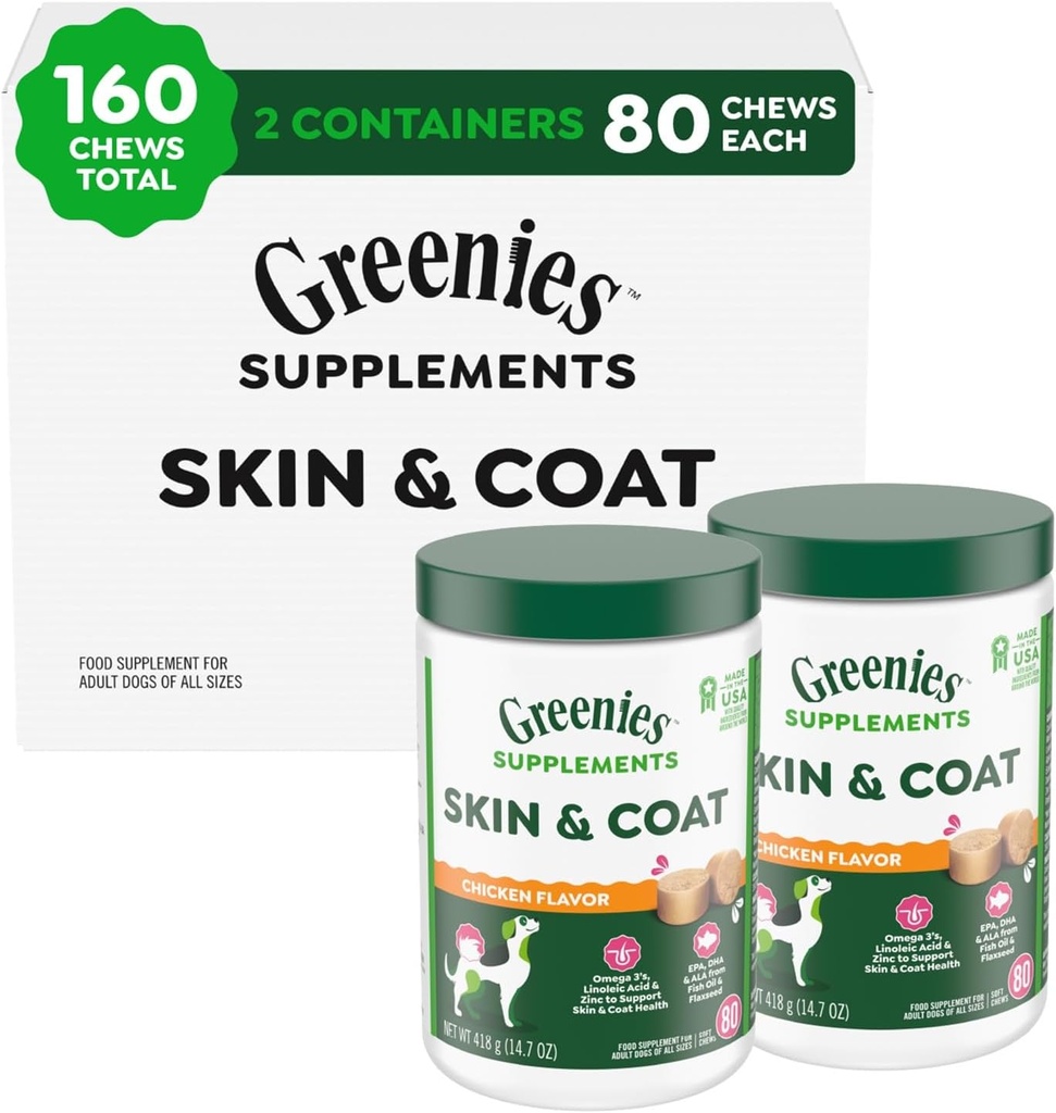 Greenies Ergänzungen Hund Haut und Mantel Ergänzungen mit Fischöl & Omega 3 Fettsäuren, Huhn Flavor, 80-Count Tub, Pack von 2