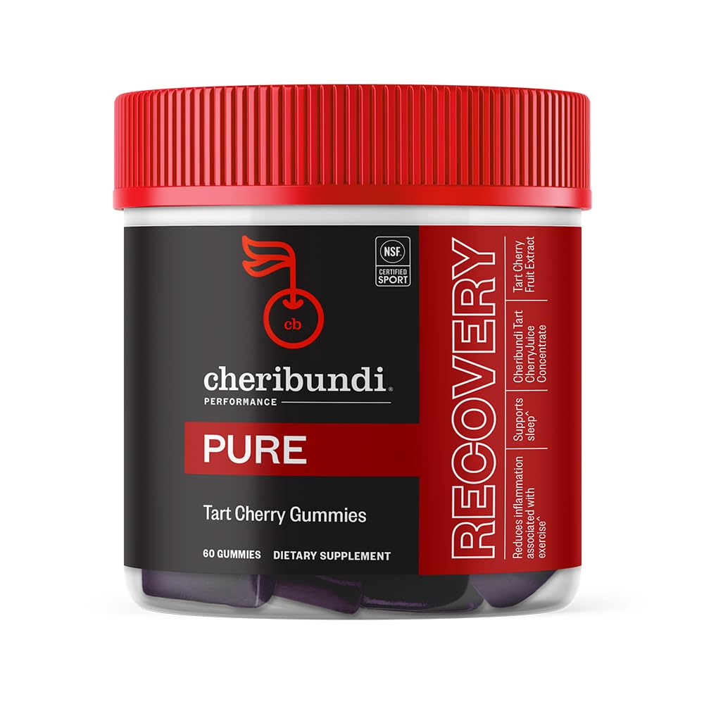 Cheribundi Tart Cherry Gummies Pure | Leistung für maximale Erholung mit 25 Tart Kirschen | Leistungsstarke Antioxidante Unterstützung, Non-GMO, Glutenfrei, Vegan | 20 Kalorien pro Servieren | 60 Zähler
