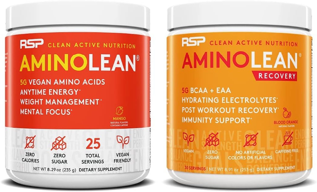 RSP NUTRITION Vegan AminoLean Pre Edzés Energy (Mango 25 Servings) AminoLean Recovery Post Workout Boost (Blood Orange 30 Servings)