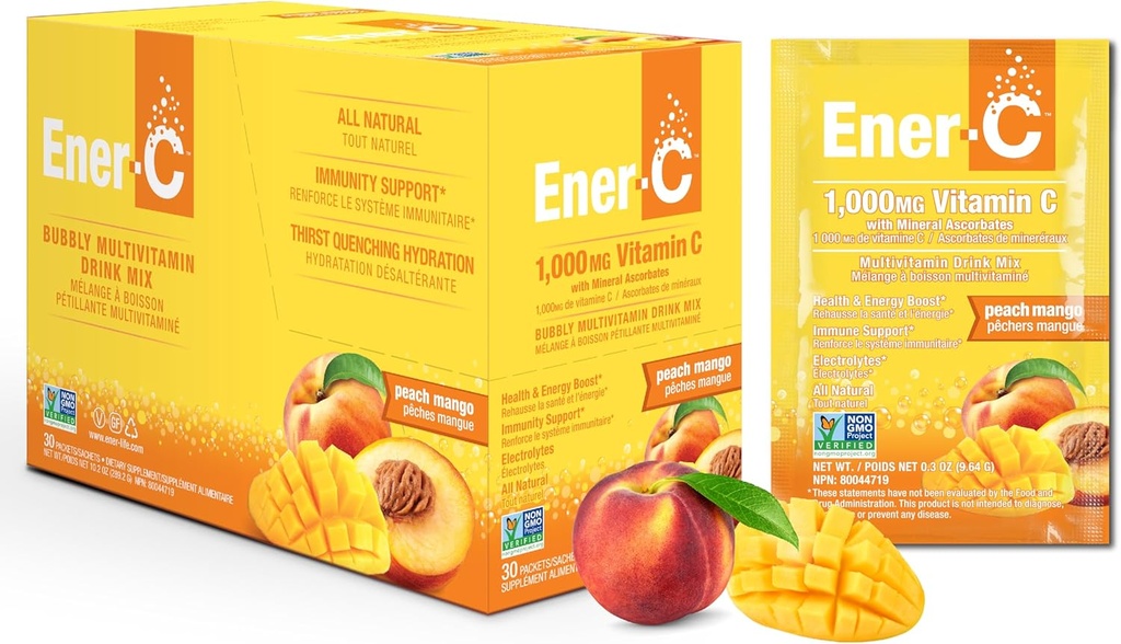 Ener-C Peach Mango Multivitamin-Getränk-Mischpulver Vitamin C 1000mg & Elektrolyte mit echtem Fruchtsaft Natürliche Energie und Immununterstützung für Frauen & Männer - Non-GMO Vegan & Gluten Free - 30 Count