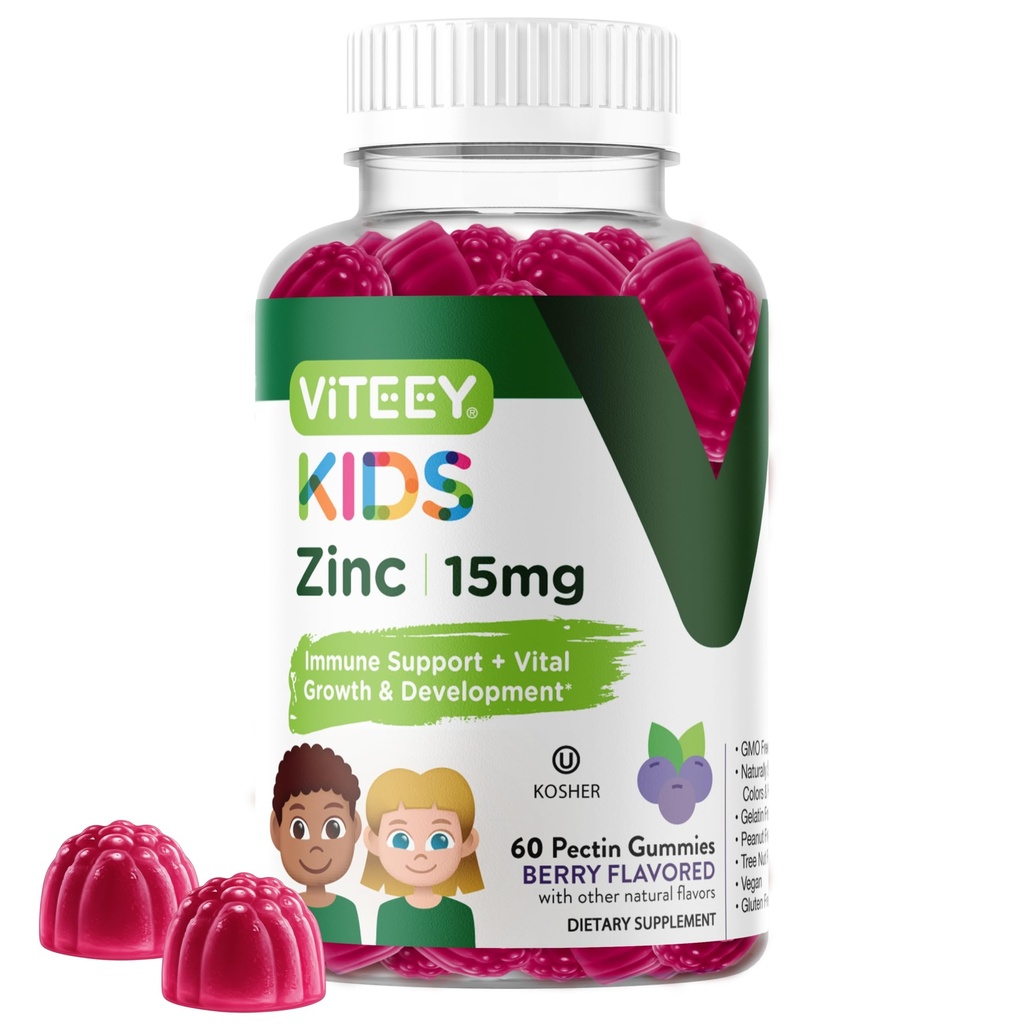 Viteey Zink für Kinder Gummie, 15mg - Immununterstützung - Leistungsstarke natürliche Antioxidationsmittel, Kinder Zink Vitamin Supplement - Vegan, Gelatin frei, Glutenfrei - Tasty Kaubare Berry Flavor Gummy