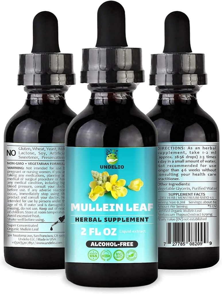 Undelio's Kräuter-Müllein-Blatt-Extrakt - Organische & Alkoholfreie Tinte für Atmung, Lunge, Schlaf & Verdauungsunterstützung - Non-GMO, Vegan - 2 fl. Oz für Immungesundheit & Lung Detox