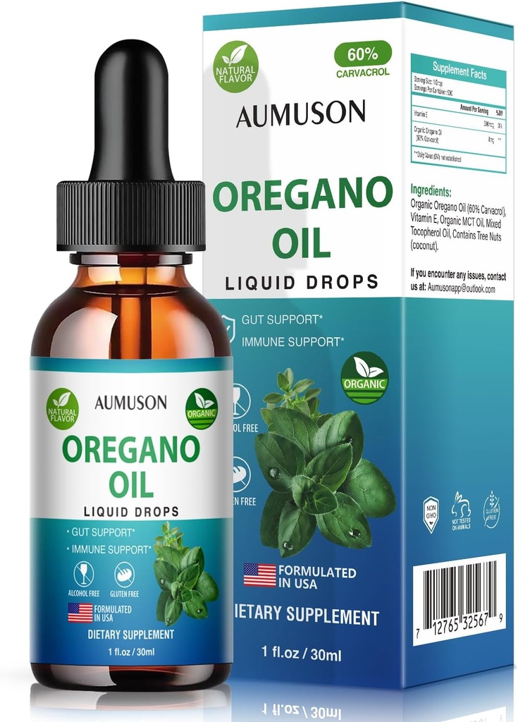 Oregano Öl-Flüssigtropfen mit Carvacrol,Vitamin E - 6 Monate Versorgungsöl von Oregano Tropfen Tinktur-Extrakt, Reinigen, Detox, Immununterstützung, Verdauungsgut Gesundheit - Pure Vegan Kräuter Oregano Öl 1oz