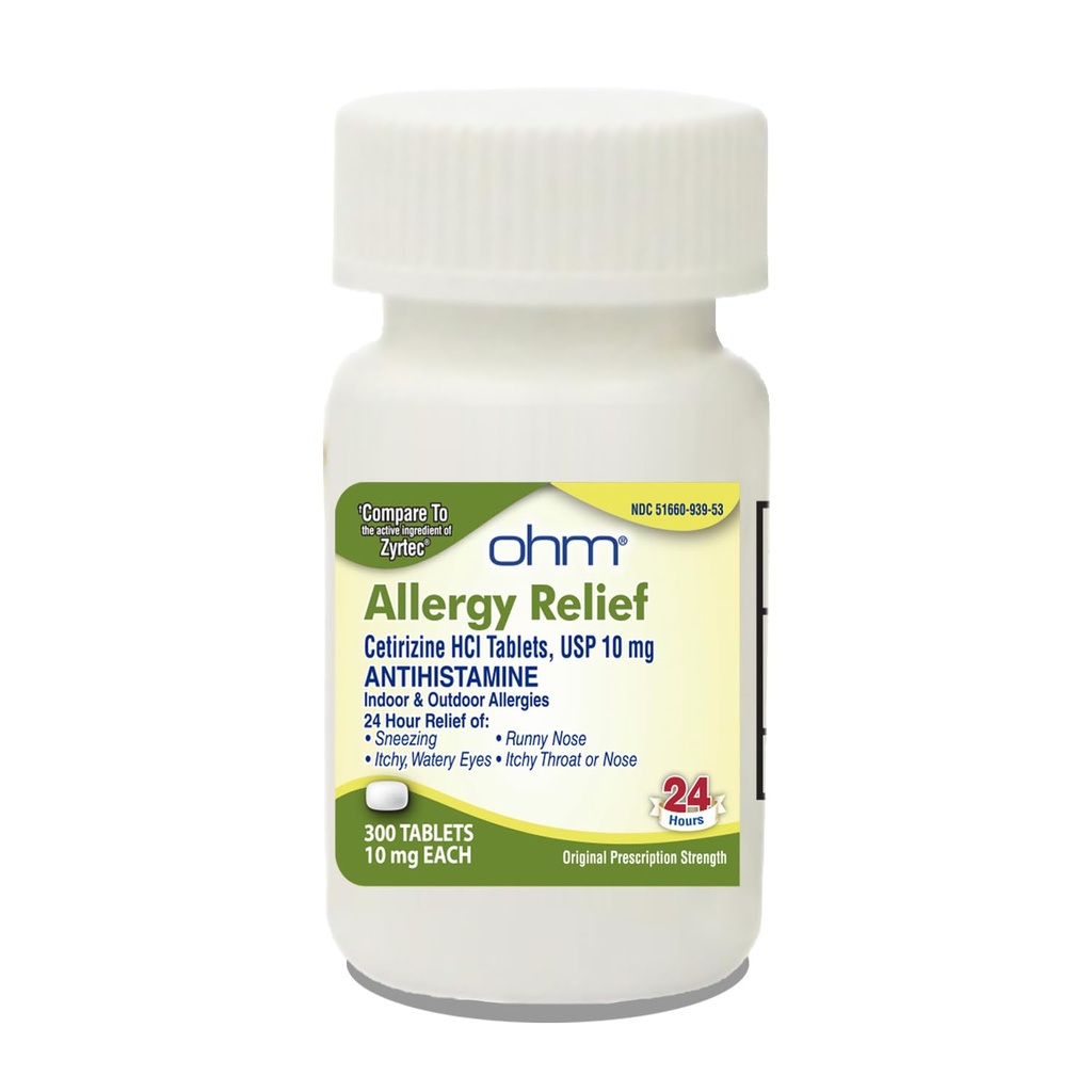 Ohm 24-Stunden-Antihistamin Cetirizine HCl 10 mg Tabletten, 300 Count – All-Day Allergy Relief für juckende Augen, Runny Nose, Hay Fever, Pollen, und Indoor & Outdoor Allergien