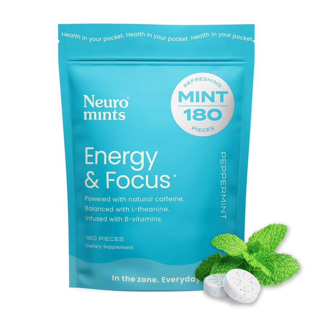 NeuroGum Energie Koffein Minze (180 Stück) - Zuckerfrei mit L-Theanin + Natürliches Koffein + Vitamin B12 & B6 - Nootropic Energy & Focus Supplement für Damen & Herren - Keto & Vegan, Pfefferminz Flavor