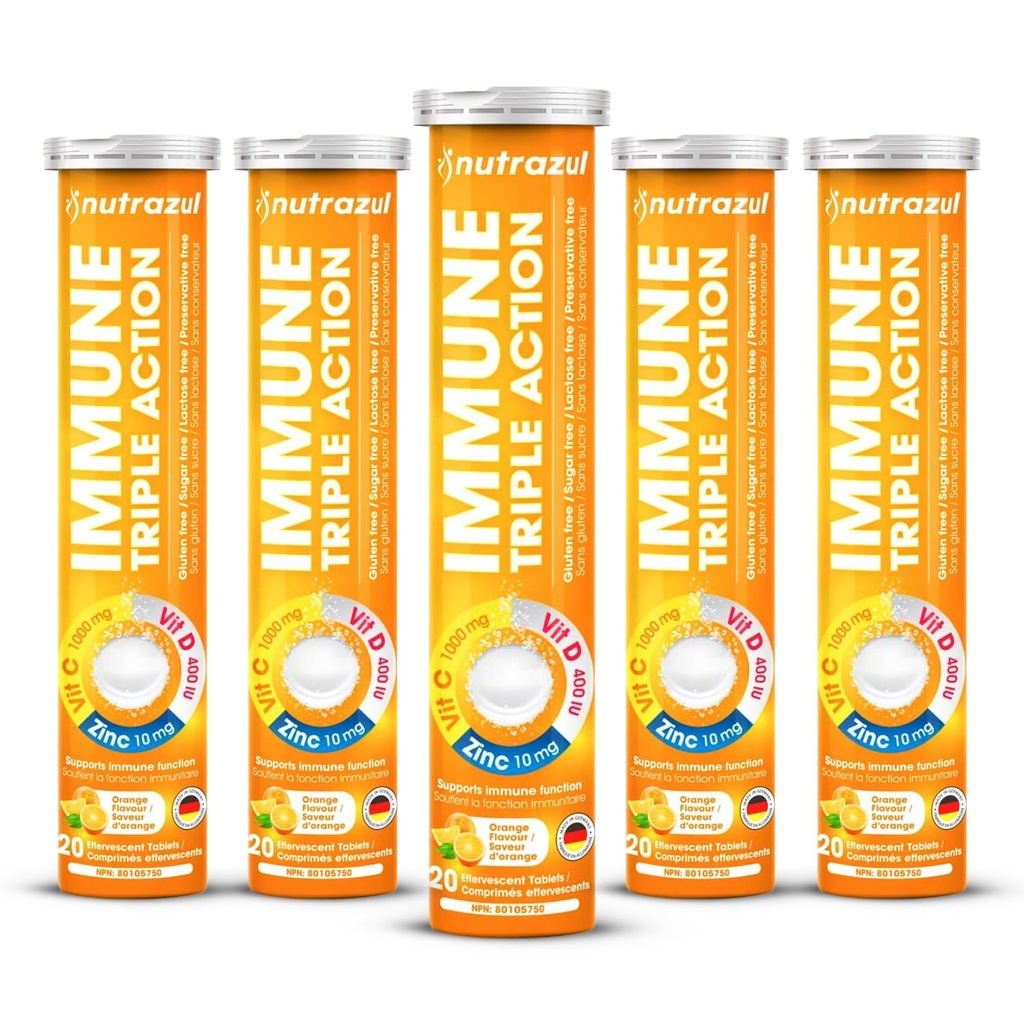 szernrazul Immun Triple Action Effervescent tabletta C-vitaminnal 1000mg, D-vitamin, cink, Support Daily Routine, Gluten- Free, Sugar- Free, Lactose- Free, Orange Flavor, 20 tabletta (5x20-as csomag)