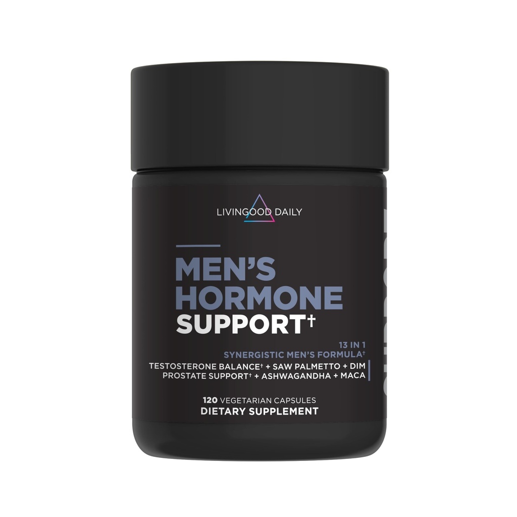 Livingood Daily Men's Hormone Unterstützung Ergänzung für Vitalität & Balance, 14-in-1 Testosteron Booster für Männer mit Ashwagandha, Maca, DIM, Zink, Saw Palmetto, Vitamin B12 & Mehr, Vegan, 120 Kapseln