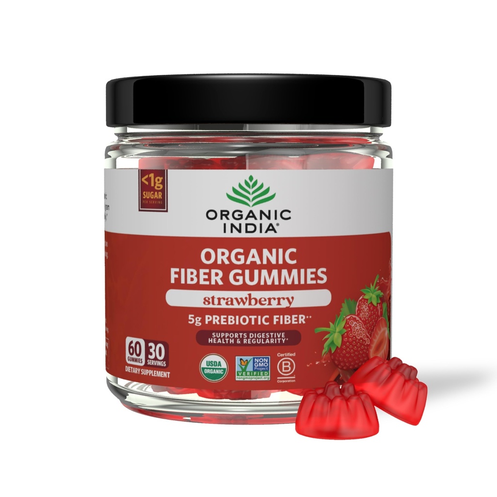 ORGANIC INDIA Fiber Gummi für Erwachsene - Prebiotic Fiber, Nahrungsergänzungsmittel, Verdauungsgesundheit für Herren & Frauen, Vegan, Low Sugar, Non-GMO - Erdbeere, 60 Gummie