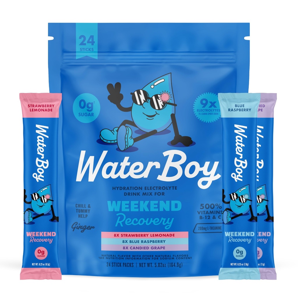 Waterboy Weekend Recovery Variety | 3,200mg Elektrolyt-Pulver-Packets | Ginger + L-Theanin + Vitamine | Kein Zucker, Alle Natürliche, Glutenfreie | 24 Getränke Stick Mixs (Variety Pack)