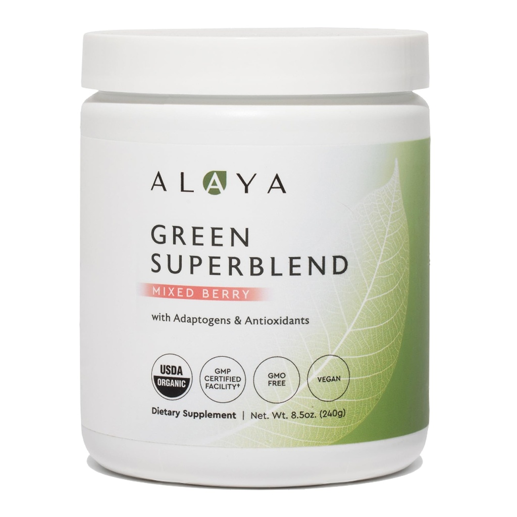Alaya Organic Super Greens Powder - Premium Green Juice Superfood Supplement Powder - Adaptogene, Antioxidantien & Probiotics Blend - USDA Organic, Non-GMO, Vegan - 30 Servierungen (Mixed Berry)