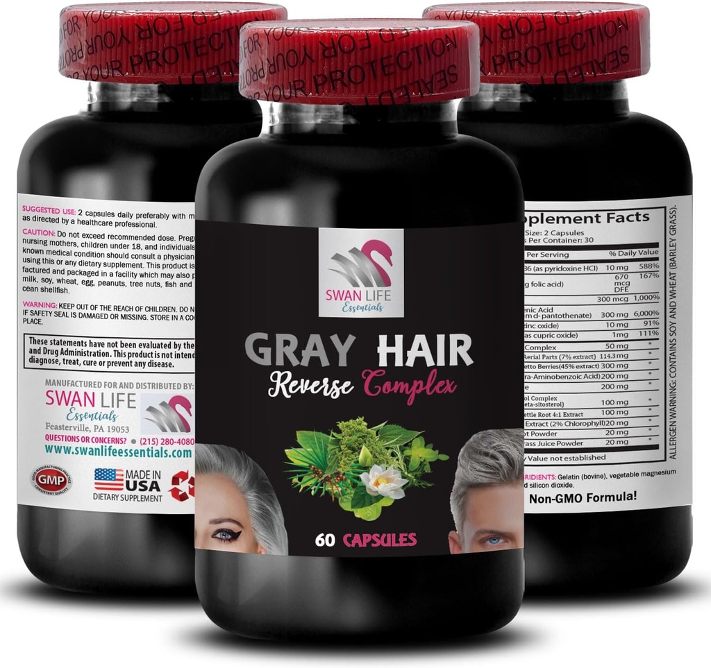 Biotin - GRAY HAIR REVERSE - Pferdeschwanz Aerial Teile, Haarfarbe Wiederbelebung, jugendliche Haare, natürliche Haarfarbe, Haarverjüngung, Haarpigmentierung, Farbverbesserung, Wiederherstellung Vibranz 1 Flasche 60 Kapseln