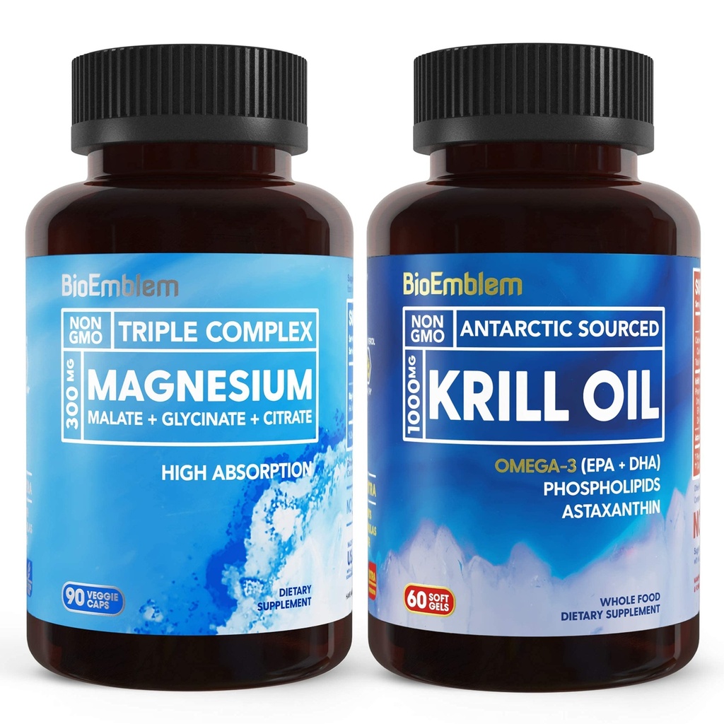 BioEmblem Triple Magnesium Complex und Antarktis Krill Öl, unterstützt Schlaf und Gehirn Gesundheit, Herz und Gelenke Gesundheit, fördert Herz-Kreislauf-Gesundheit und unterstützt Entspannung