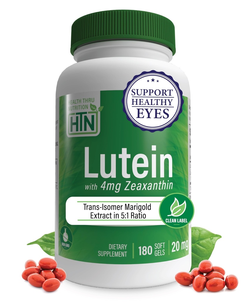 Lutein 20mg mit Zeaxanthin 4mg 180 Softgels | All-Trans Marigold Extrakt in der Natur Identical 5:1 Ratio | Unterstützt gesundes Auge, Haut und Gehirn | Non-GMO Soy & Gluten Free | von Health Thru Nutrition