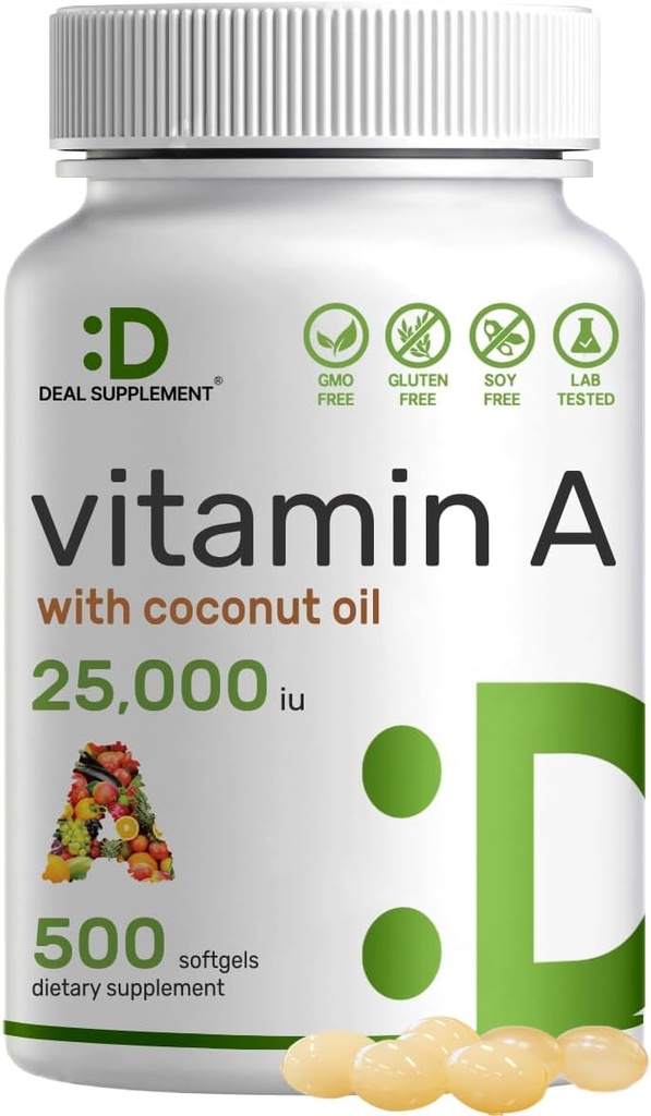 DEAL SUPPLEMENT Hohe Potenz Vitamin A 25000 IU, 500 Kokosöl Weichgele | Leicht absorbiert, natürliche Fisch Leberölquelle – Vitamine für Augen, Immun- und Hautgesundheit – einfach zu schlucken, Non-GMO