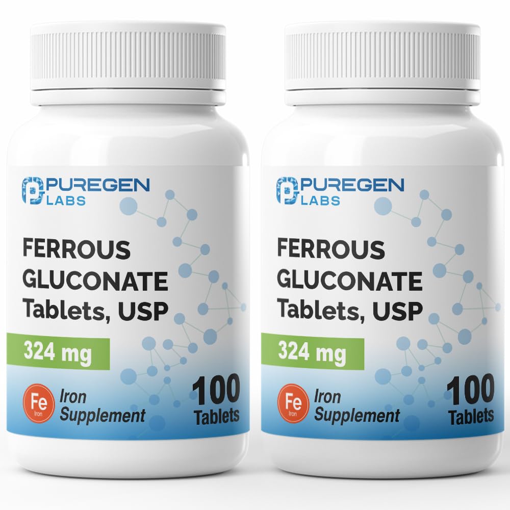 Puregen Labs Ferrous Gluconate 324 mg [High Potency] vaspótló, Gentle on Stomach 124; 2 Pack - 200 tabletta Összesen