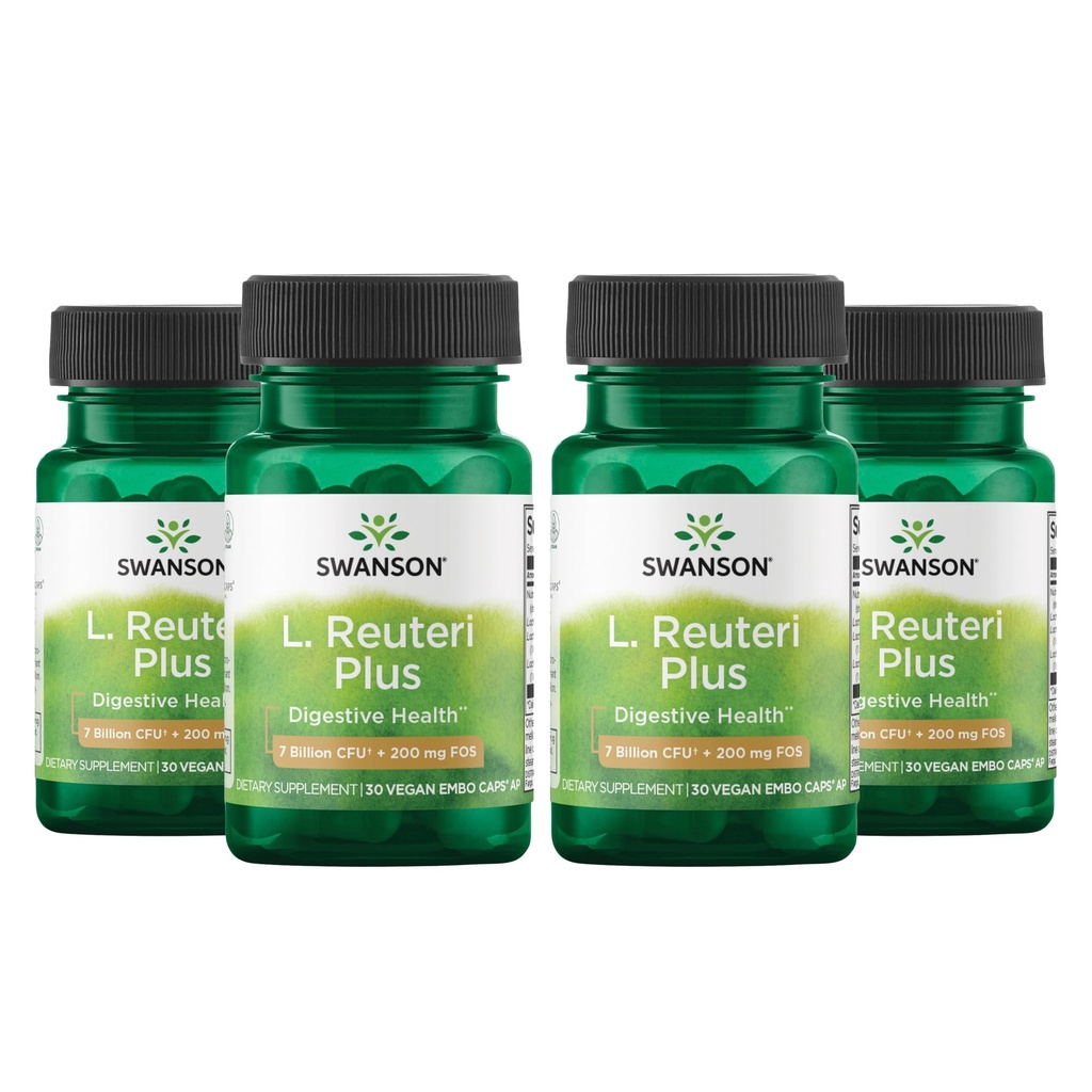 Swanson L. Reuteri Probiotic Plus w / L. Rhamnosus L. Acidophilus & FOS Prebiotic Digestic Support - Promotes Gut Health w / 7 Million CFU per Kapszula - (30 Veggie kapszula) (4 csomag)