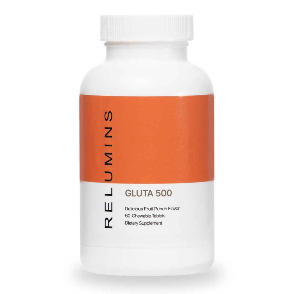 Relumin Gluta 500 rágótabletta Glutathionnal, Hyaluronic Acid, C-vitamin, biotin & Collagen - Skin Tone & Glow - Fruit Punch Flavor - Készült USA - 60 tabletta