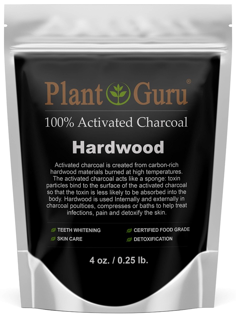 Pflanze Guru aktiviert Charcoal Pulver 4 Unzen. HARDWOOD - Food Grade Kosher Non-GMO - Teeth Whitening, Gesichtsmaske und Seifenherstellung. Fördert natürliche Entgiftung und hilft Verdauung