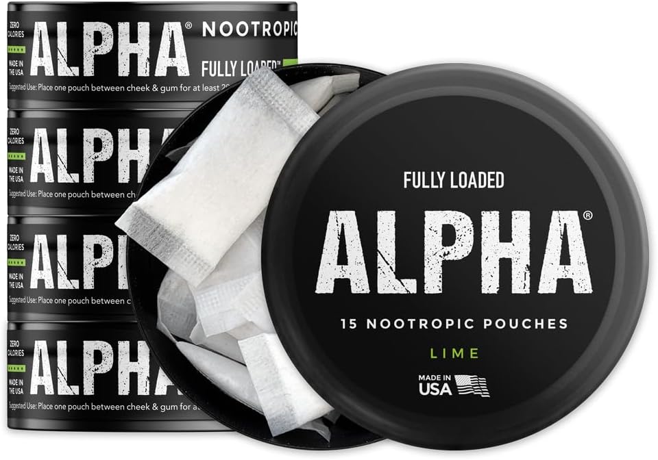 Teljesen betöltve Alfa Nootropic Pouches (Lime) - 5 Cans - 15 Pouches per can - Hatékony Nootropic Delivery, Nic Pouch Pouch csere - Gyorsabb abszorpció, Alpha GPC, L- Tirosine, GABA