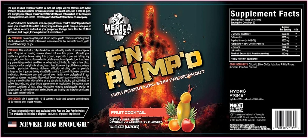 'Merica Labz F' N Pump 'D Stimulant Free, Nitric Oxide, Fully Dosed, Pump PreWorkout Powder (20 Servings) (Gyümölcs koktél)