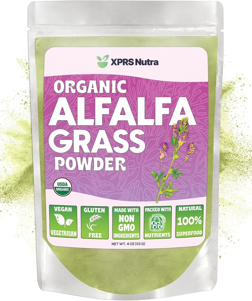 XPRS Nutra Organic Alfalfa Powder - Premium Vegan Supplement Reich an Calcium, Antioxidantien, Vitamine - Farmer Alfalfa Ergänzung für Kinder und Erwachsene - Vegan freundliche gesunde Blatt (4 Unze)
