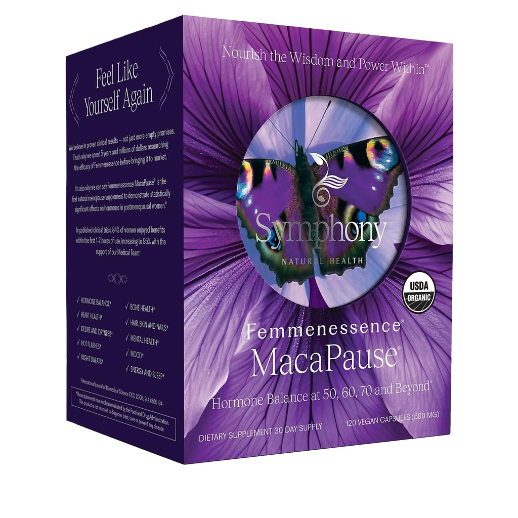 Femmenessence® MacaPause® – Klinisch bewährte Postmenopausal-Ergänzung für natürliche Hormonbilanz, Menopause Symptom Relief, Knochen und Herzgesundheit, ohne Zusatz von Hormonen (120 Kapseln, 30 Tage Versorgung)