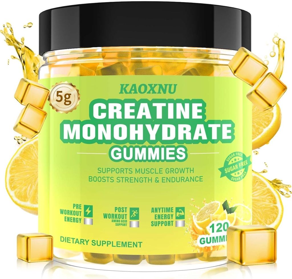 Creatine Monohydrate Gumies 5600mg férfiak és nők számára, 120 CT rágógumi izmok támogatására, Energy Boost, 5,6 g kreatin-monohidrát per Serving - Sugar Free, Vegan (Citromflavor)