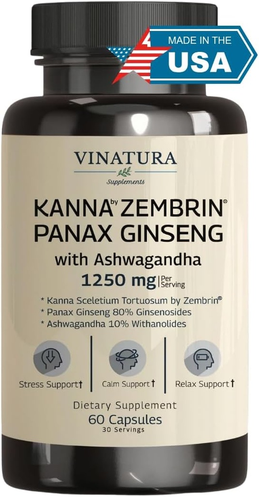 VINATURA Kanna Zembrin Sceletium Tortuosum - 50mg Kanna / Serving, Ashwagandha, Ginseng * Brain Health, Stress Relief Support * Panax Ginseng 80% Ginsenoside Ashwagandha Capsules 10% Withanolides