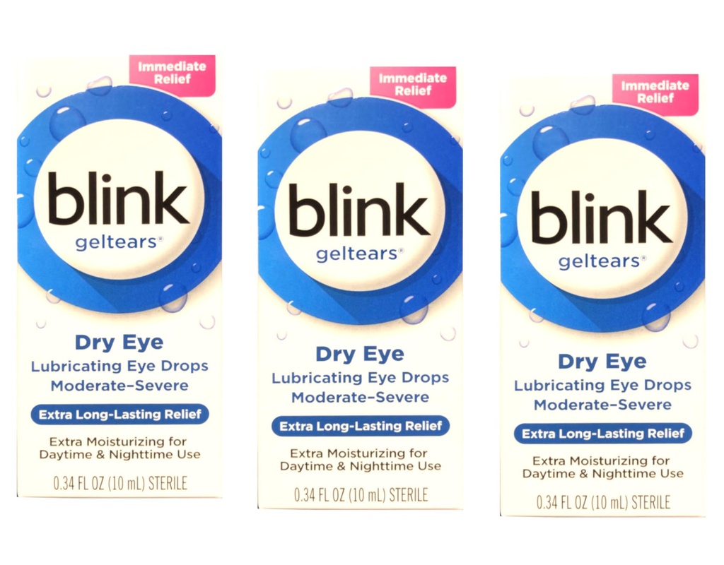 Blink Geltears Kenőszemcseppek száraz szem, extra hosszú-tartós megkönnyebbülés, nedvesítő képlet, Mérsékelt súlyos szárazság, 0,34 fl oz (csomag 3)