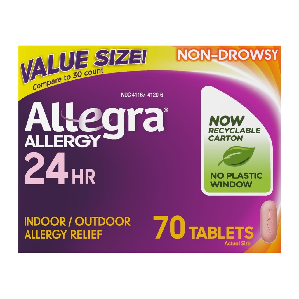 Allegra Adult 24-Stunden-Allergy-Relief-Tabletten, Non-Drowsy Indoor und Outdoor-Allergy-Medizin, 180 mg Fexofenadine HCI Antihistamin Pille, 70-Count